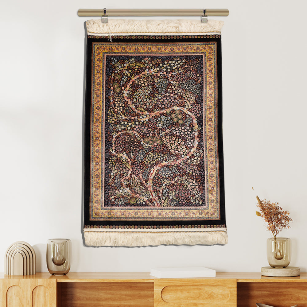 Rectangular silk tapestry featuring a floral tree pattern with black and gold border, ideal for wall decor