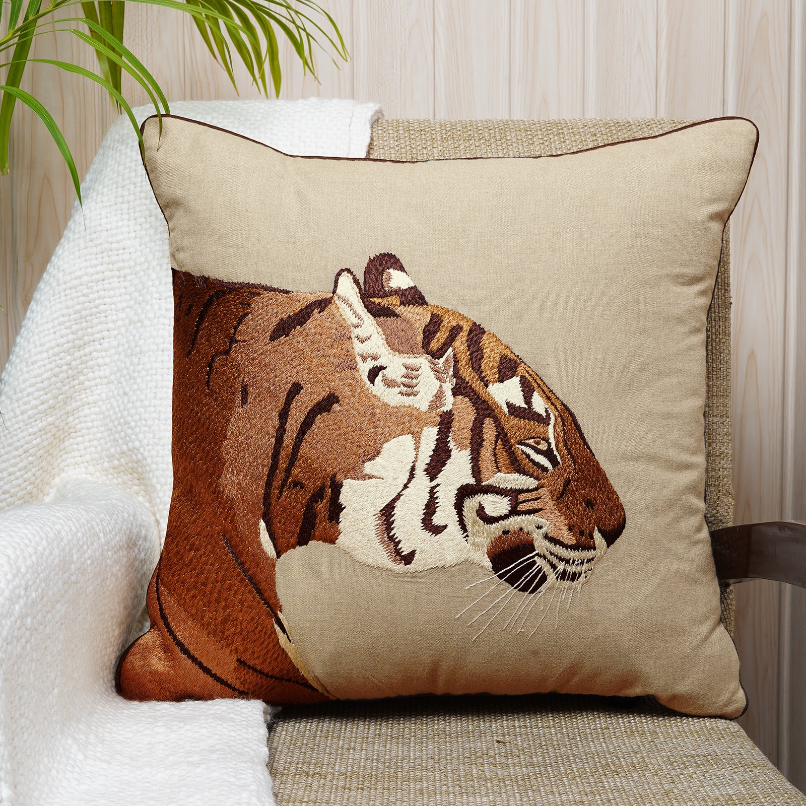 Tiger face embroidered cotton-blend cushion in beige and brown - Dash & Twine Beauty and the Beasts Collection