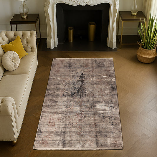 Elegant grey silk carpet featuring a modern self-mosaic pattern with a soft distressed finish for living room decor
