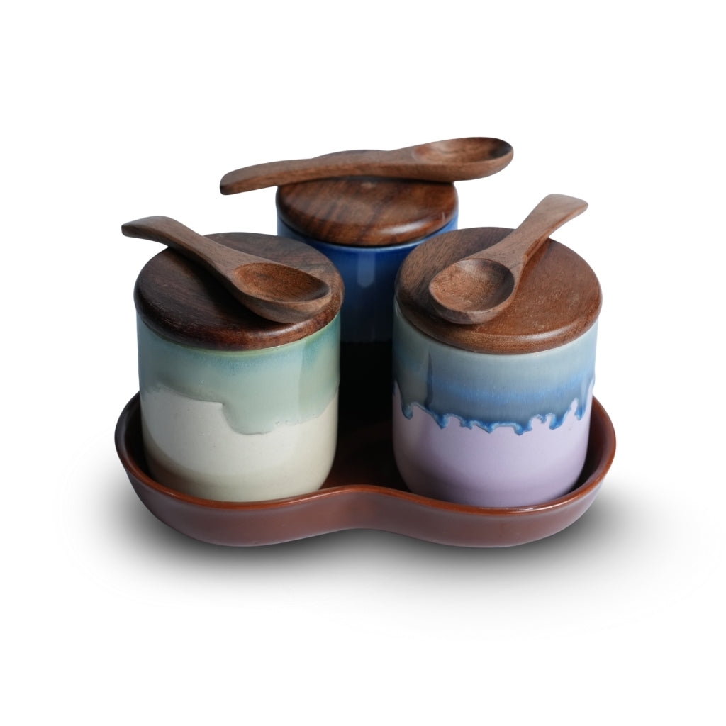 Ombre Ceramic Spice Jar with Tray Set of 3