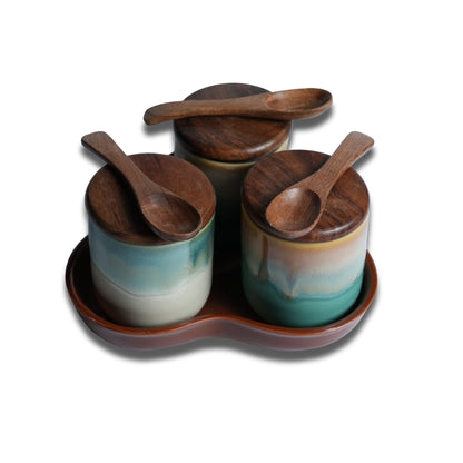 Ombre Ceramic Spice Jar with Tray Set of 3