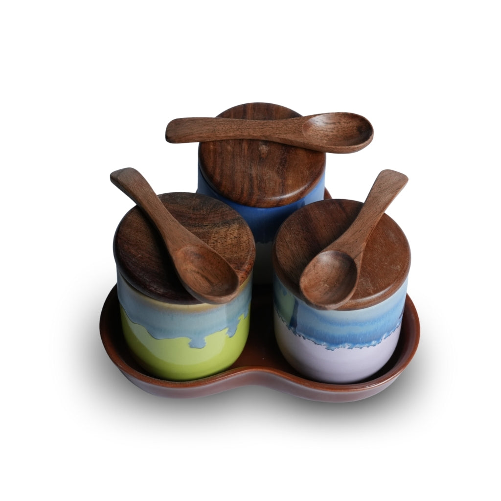 Ombre Ceramic Spice Jar with Tray Set of 3