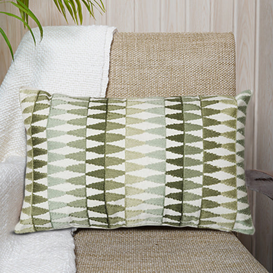 Rectangular cotton cushion in pastel green and white with hand-embroidered geometric pattern - Pure Jade Collection