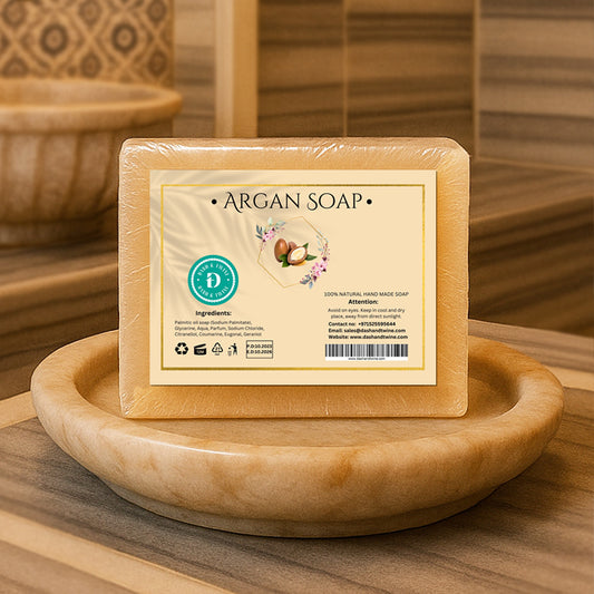 Beige handmade argan oil soap bar enriched with natural oils, ideal for moisturizing and restoring skin health