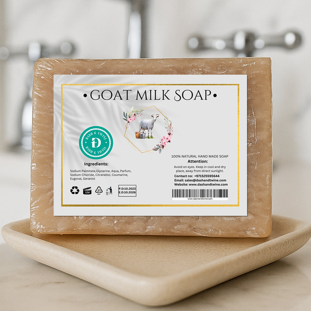 Natural goat milk handmade soap bar in beige color placed on white surface, suitable for dry and sensitive skin