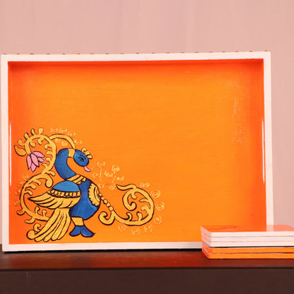Vibrant Peacock Handpainted MDF Tray Coaster Set of 4