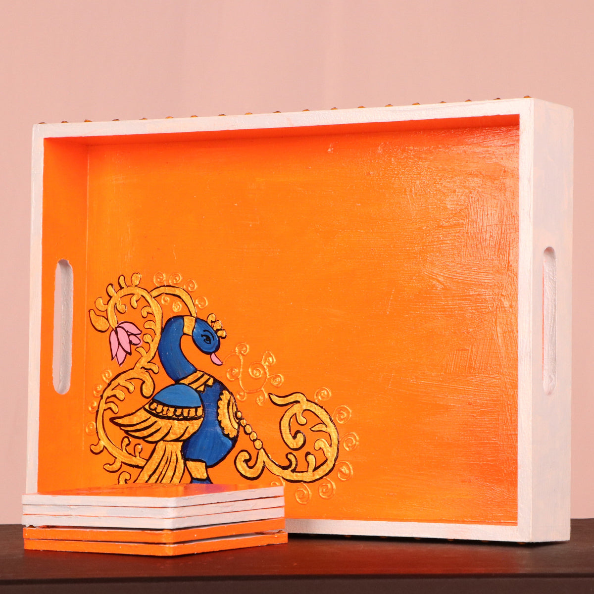 Vibrant Peacock Handpainted MDF Tray Coaster Set of 4