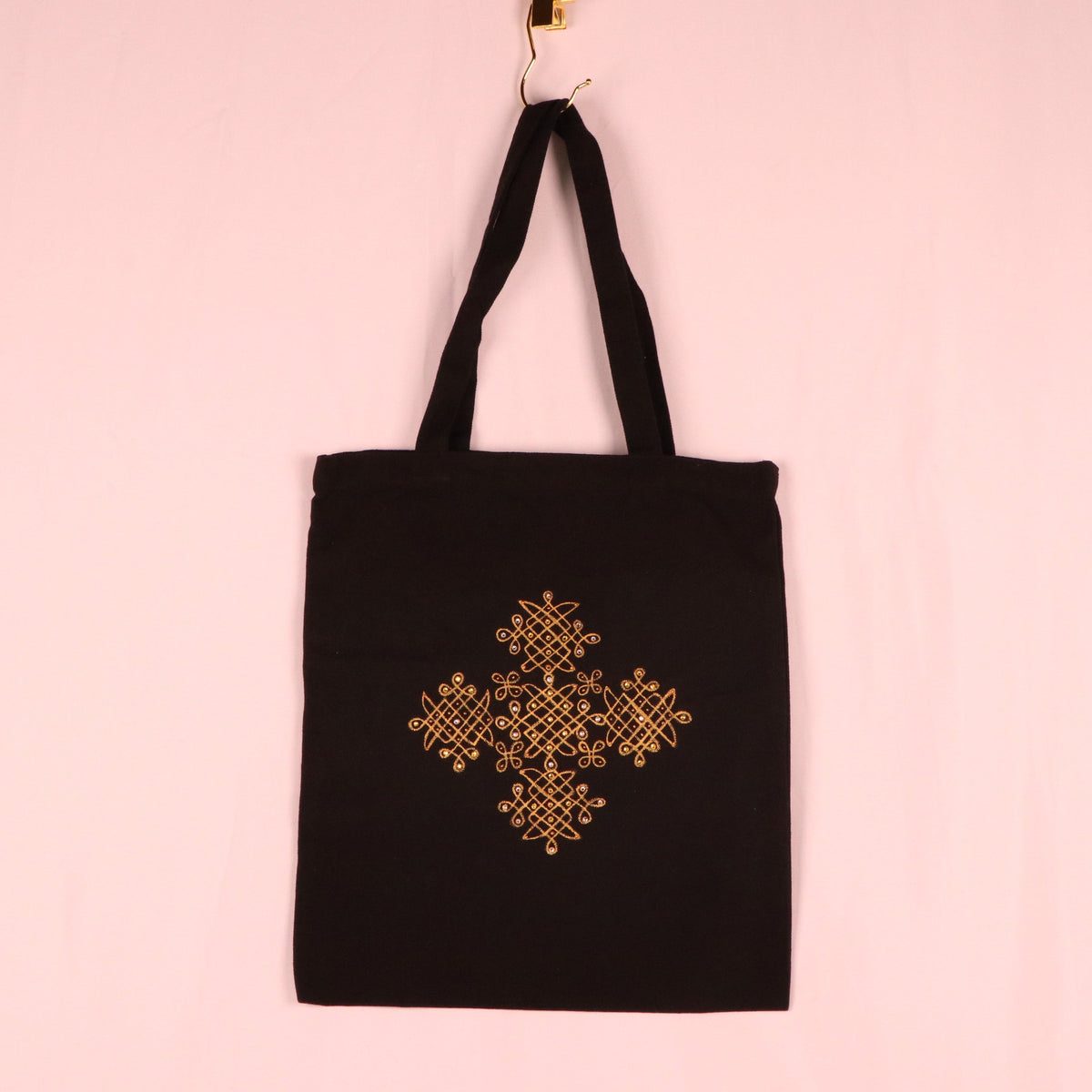 Kolam Design On Canvas Black Tote Bag
