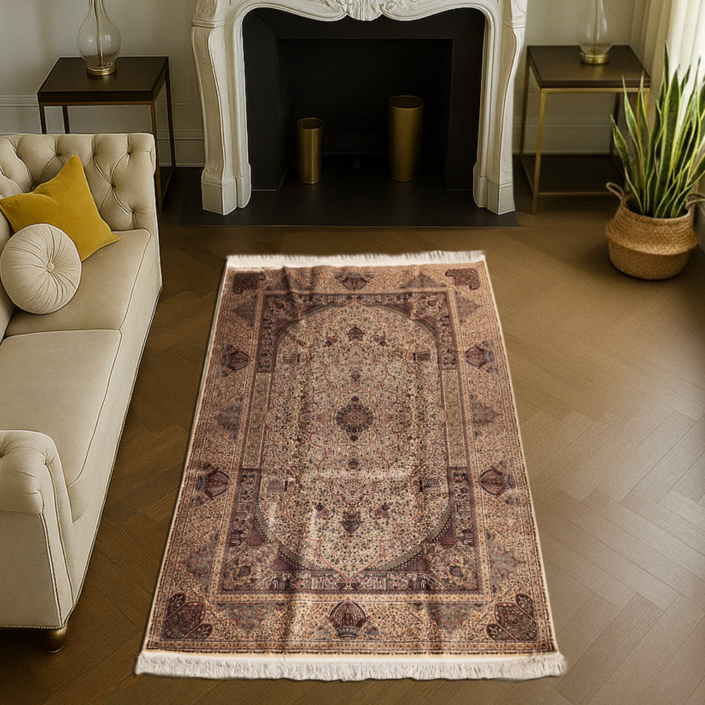 Beige silk carpet with Persian-inspired medallion and border pattern - luxury home decor by Dash & Twine