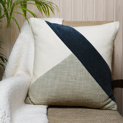 Square cotton cushion with bold indigo diagonal patch and textured contrast panels - Azure Collection by Dash & Twine