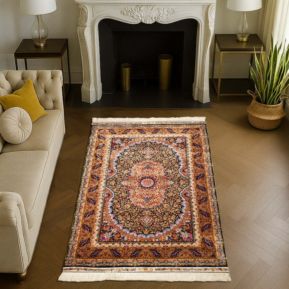 Multicolour silk carpet featuring Persian-inspired medallion and floral pattern in red, gold, blue, and beige tones