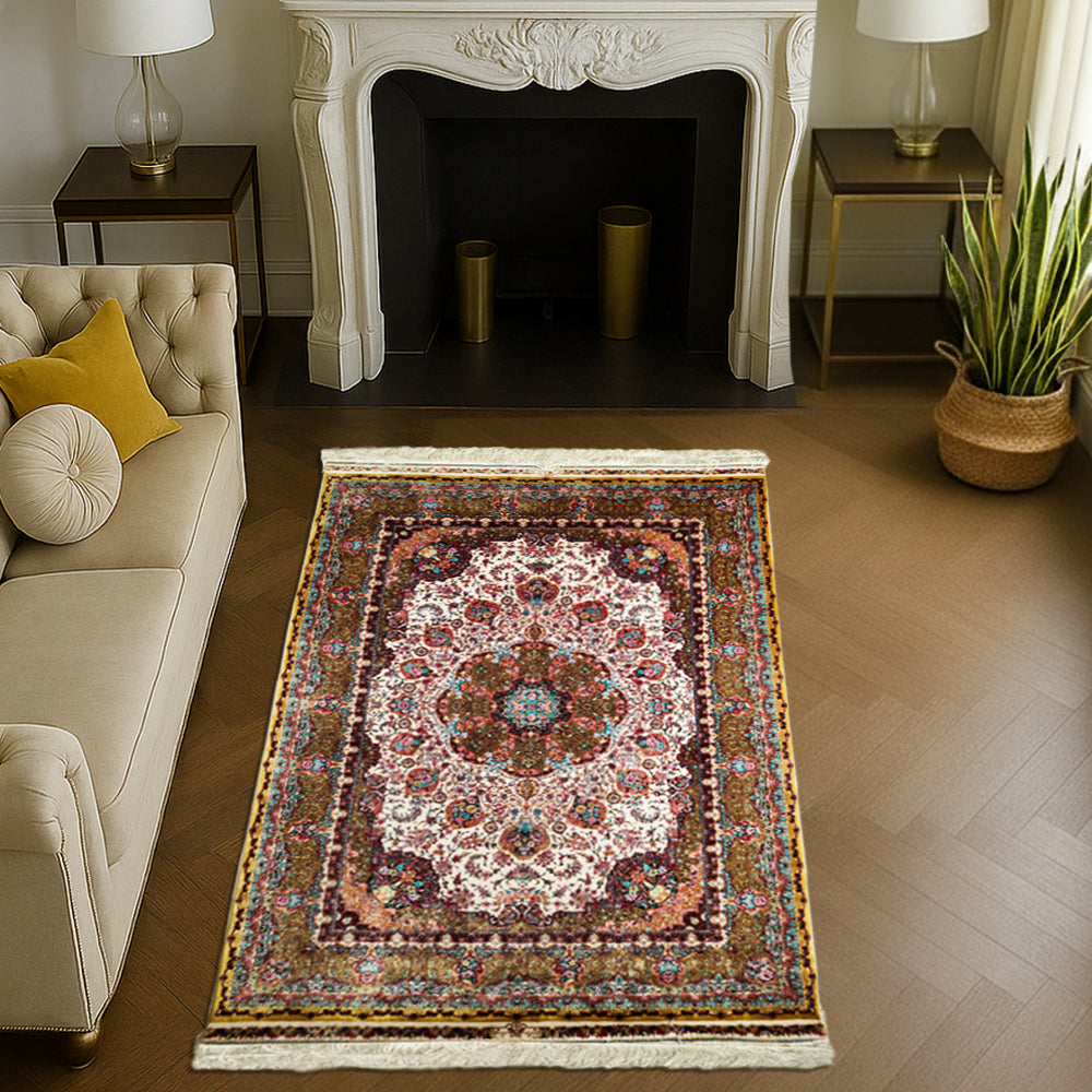 Luxurious silk carpet with intricate Persian floral medallion design in ivory, maroon, and turquoise hues