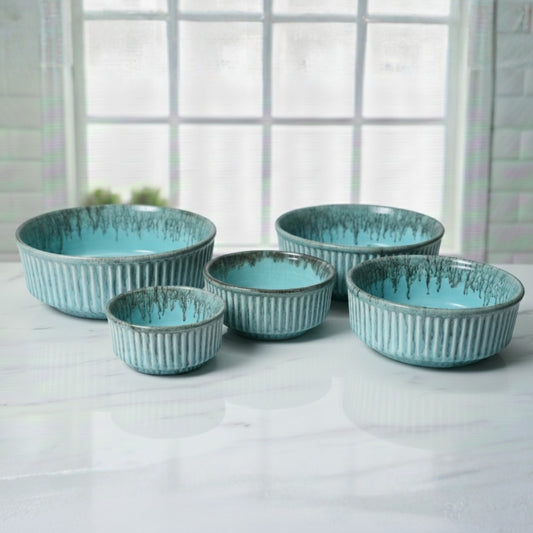 Ocean Blue Ribbed Bowl Set of 5