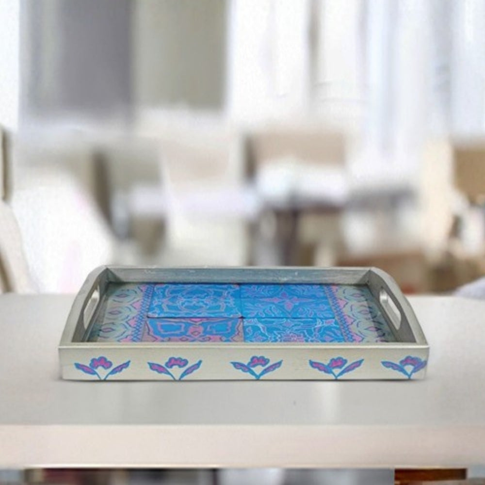white blue floral wooden decorative tray