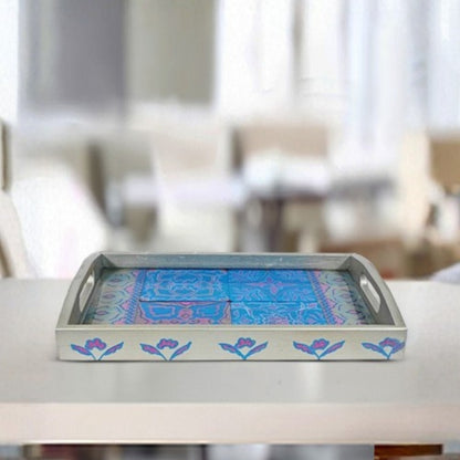 white blue floral wooden decorative tray