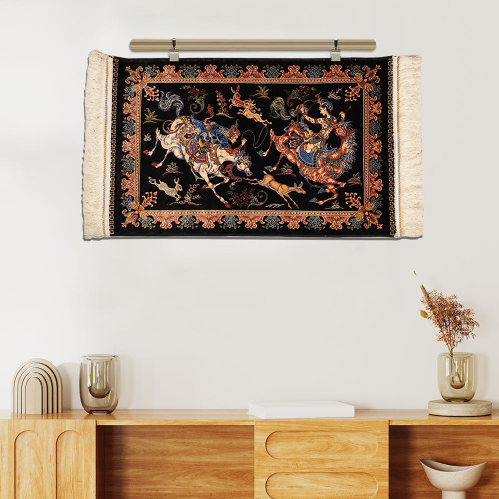 Elegant silk tapestry featuring a Persian gazelle hunting scene with riders on horseback in rich, detailed colors