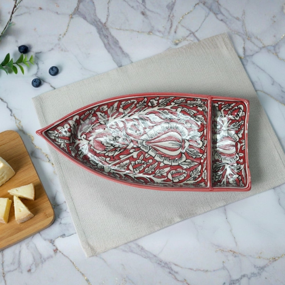 Red Floral Boat Platter