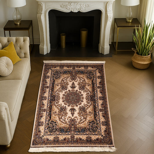 Silk carpet in beige, gold, and navy tones featuring an ornate Persian floral medallion pattern