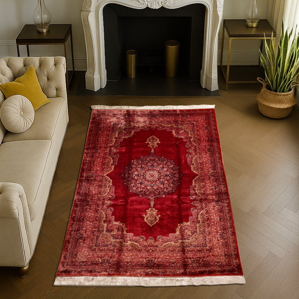 Elegant red Persian-style silk carpet with medallion design and intricate floral detailing
