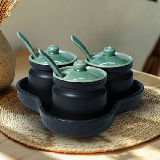  black ceramic spice jar set of 3 with tray for storing and serving spices condiments and seasonings