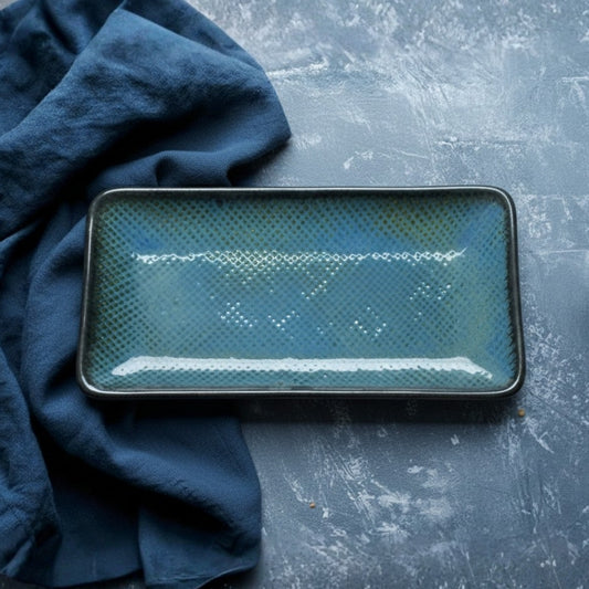 blue speckled ceramic rectangular 26cm platter set of 2 with textured finish for serving snacks and appetizers