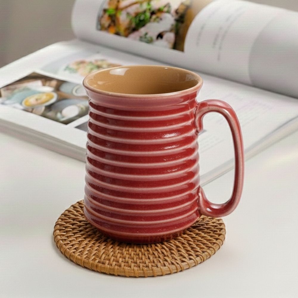 crimson red ribbed double toned ceramic mug for tea coffee serving