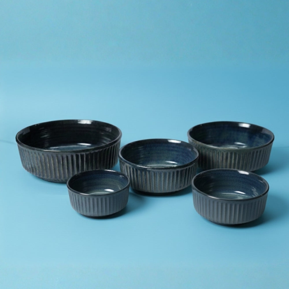  deep ocean blue ribbed ceramic serving bowl set of 5 round serving bowls with textured glazed finish for dining and serving