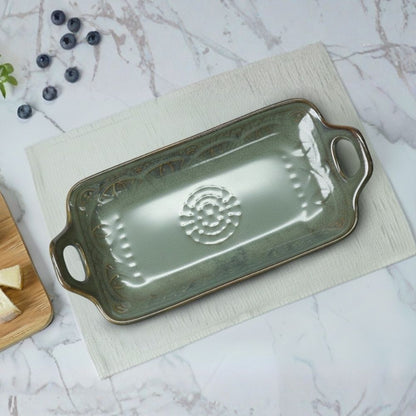  green embossed ceramic serving tray set of 2 for serving snacks beverages with durable glazed finish