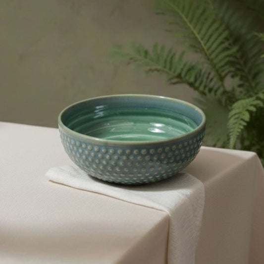  green embossed ceramic round bowl set of 2 for serving snacks desserts and sides with textured design and durable finish