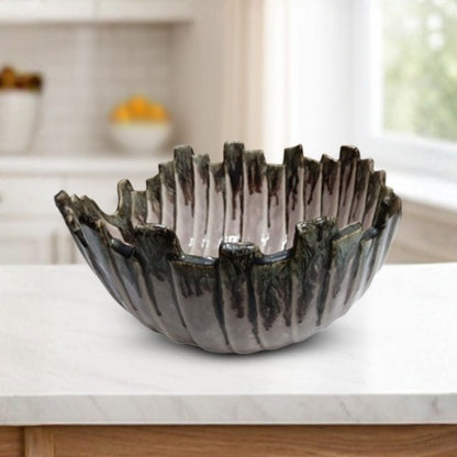  grey edged ribbed ceramic serving bowl round shape for dining and decorative use durable glazed finish