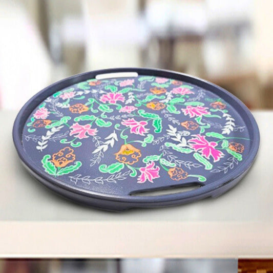 grey floral round decorative wooden table tray