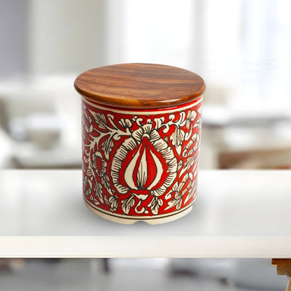  kalamkari red circular ceramic canister set of 2 cylindrical storage jars with wooden lid for kitchen storage