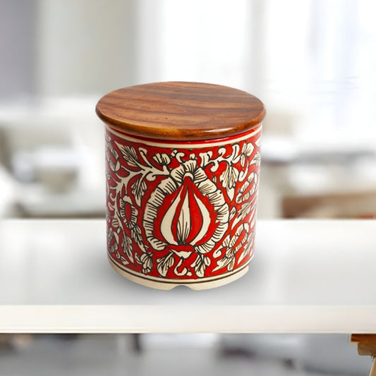  kalamkari red circular ceramic canister set of 2 cylindrical storage jars with wooden lid for kitchen storage