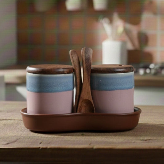 multicolour ceramic pickle jar set of 2 with tray for serving pickle mayonnaise sauces and condiments