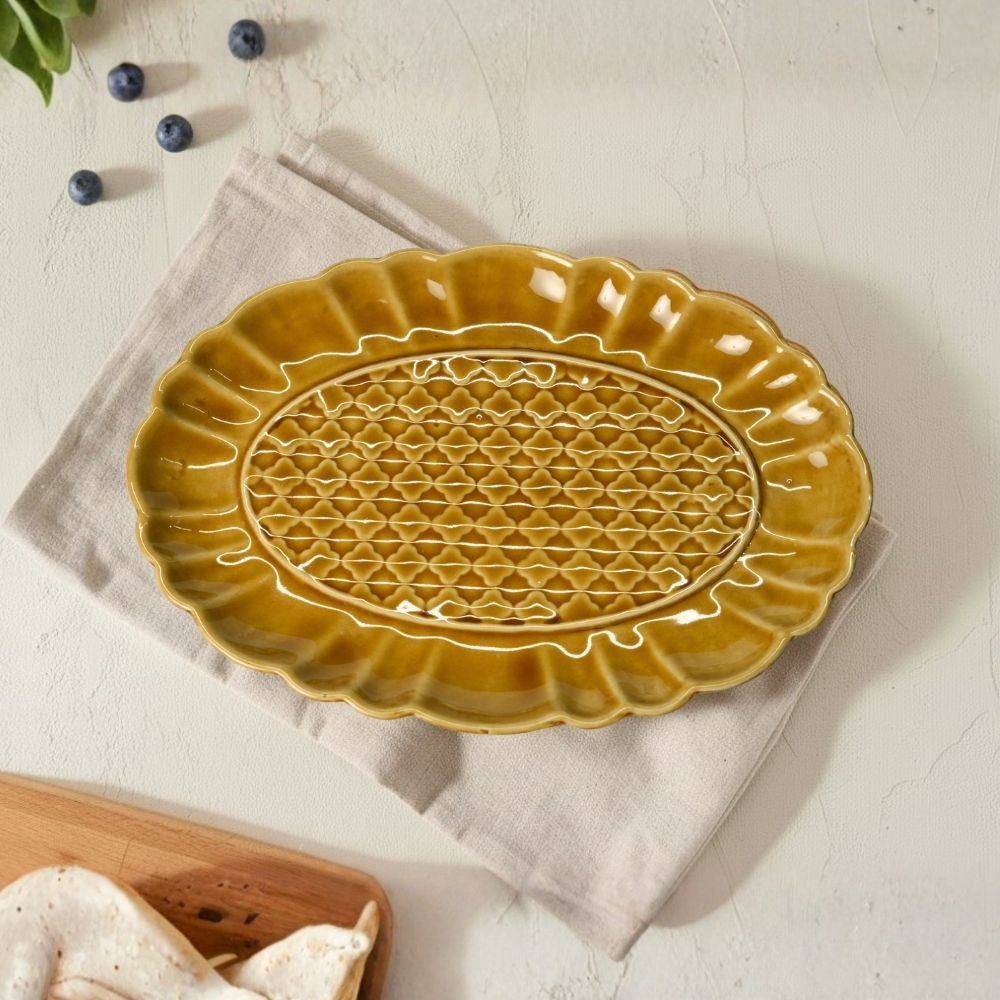  mustard floral ceramic oval platter set of 2 with glazed finish for serving snacks and main dishes