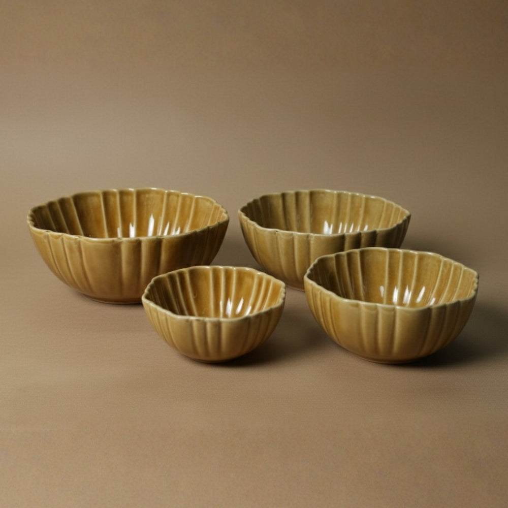  mustard ribbed ceramic serving bowl set of 4 for serving snacks salads desserts and everyday dining use