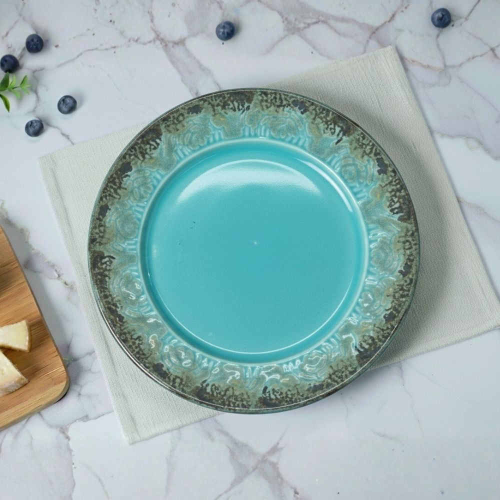  royal turquoise ceramic full plate set of 6 round plates with textured glazed rim for dining and serving