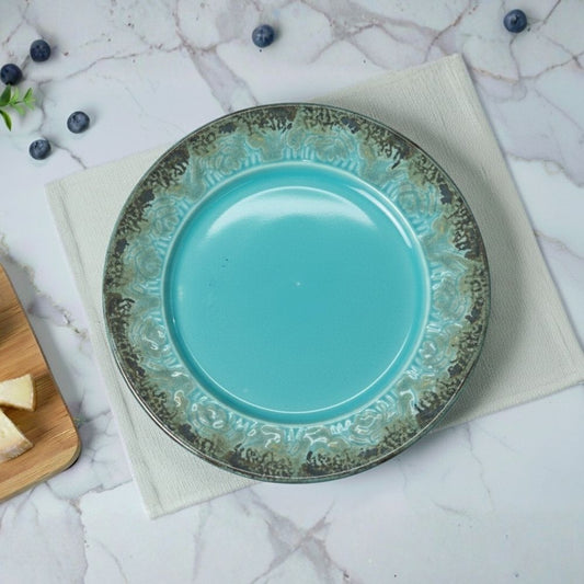  royal turquoise ceramic full plate set of 6 round plates with textured glazed rim for dining and serving