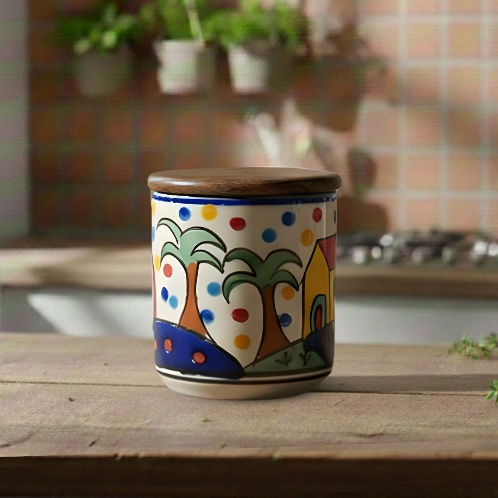  turkish 8cm ceramic jar set of 2 cylindrical 8 cm storage jars with wooden lid for kitchen storage