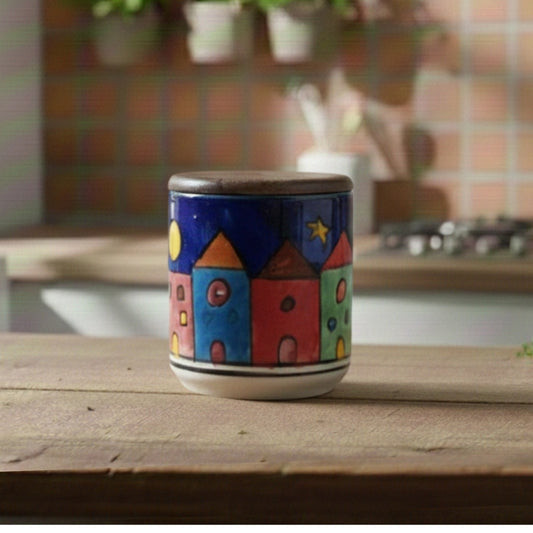  turkish blue houses ceramic jar set of 2 cylindrical storage jars with wooden lid for kitchen storage