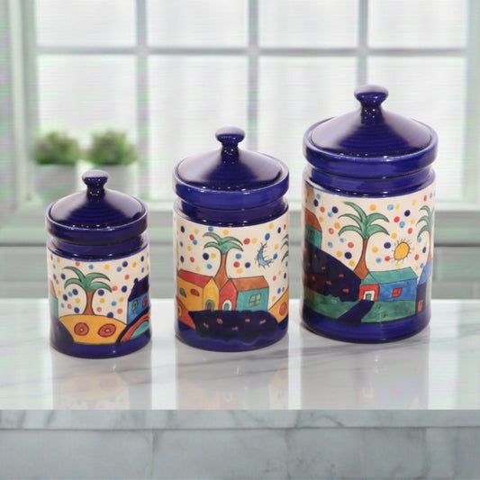  turkish ceramic jar set of 3 cylindrical storage containers with lids for kitchen storage and decorative home organization