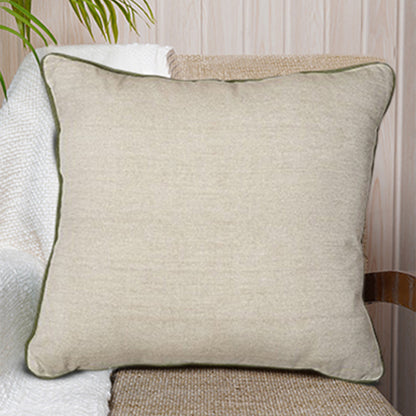 Neutral beige cotton cushion with green piping on the edges - square shape, simple and stylish