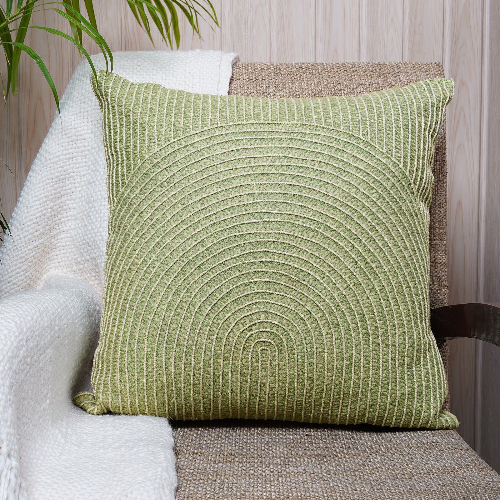 Square cotton cushion in light green with arch-style embroidered detailing - Pure Jade Collection