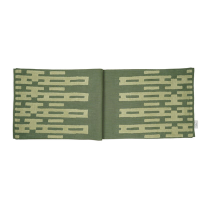 Link on Green Tablerunner – Jade Green Chambray Runner with Bold Stitched Pattern Ends