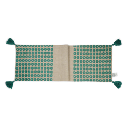 Hexa Green Tablerunner – Chambray Tablerunner with Green Embroidered Hexagons and Tassels