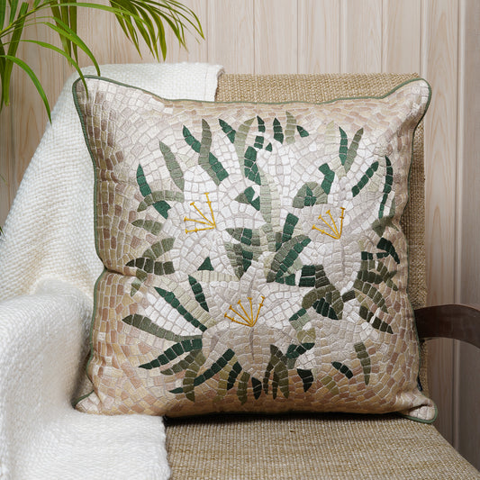 Botanical mosaic cushion in soft green and cream embroidery - Dash & Twine Pure Jade Collection