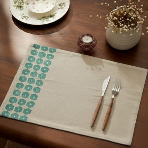 Hexa Green Placemat Set of 4 – Beige Placemat with Green Embroidered Hexagons