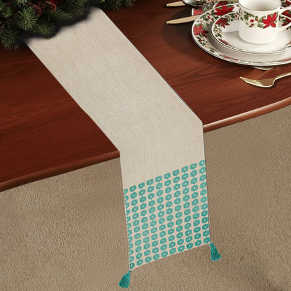 Hexa Green Tablerunner – Chambray Tablerunner with Green Embroidered Hexagons and Tassels